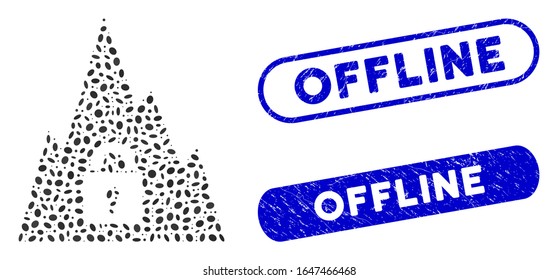 Collage locked tunnel and rubber stamp seals with Offline caption. Mosaic vector locked tunnel is formed with randomized ellipse parts. Offline stamp seals use blue color,