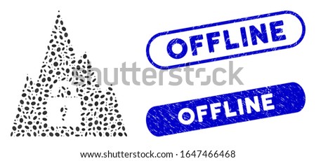 Collage locked tunnel and rubber stamp seals with Offline caption. Mosaic vector locked tunnel is formed with randomized ellipse parts. Offline stamp seals use blue color,