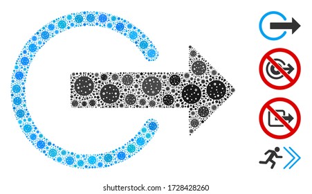 Collage logout united from flu virus icons in variable sizes and color hues. Vector pathogen parts are united into abstract composition logout icon. Some bonus icons are added.