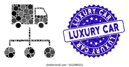 Collage lorry distribution scheme icon and distressed stamp seal with Luxury Car caption. Mosaic vector is composed with lorry distribution scheme icon and with scattered round elements.