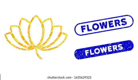 Collage lotus and corroded stamp seals with Flowers text. Mosaic vector lotus is designed with scattered rectangle items. Flowers stamp seals use blue color, and have round rectangle shape.