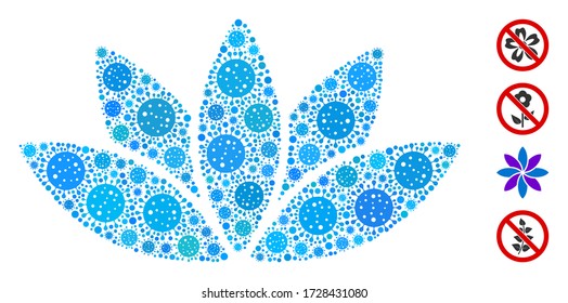 Collage lotus flower organized from flu virus icons in random sizes and color hues. Vector viral icons are organized into abstract mosaic lotus flower icon. Some bonus icons are added.