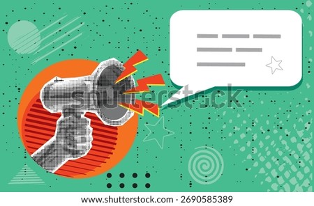 Collage with loudspeaker in hand. Vector illustration with halftone elements for decoration of advertising, promotion or announcing events. Retro banner concept with cut out paper elements.