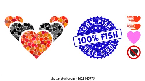 Collage love hearts icon and distressed stamp seal with 100% Fish phrase. Mosaic vector is formed with love hearts icon and with scattered circle items. 100% Fish stamp uses blue color,