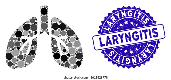 Collage lungs icon and grunge stamp seal with Laryngitis caption. Mosaic vector is designed with lungs icon and with scattered spheric elements. Laryngitis stamp uses blue color, and grunge design.