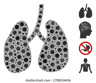 Collage lungs united from flu virus icons in variable sizes and color hues. Vector viral icons are composed into abstract mosaic lungs icon. Some bonus icons are added.