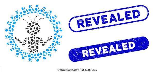 Collage mad engineer and grunge stamp seals with Revealed text. Mosaic vector mad engineer is formed with scattered elliptic dots. Revealed stamp seals use blue color, and have round rectangle shape.