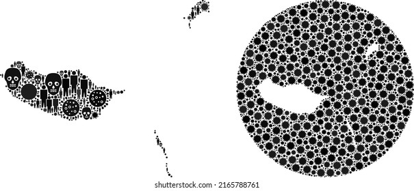 Collage Madeira Islands map constructed from SARS virus items and population and mortal items. Infection virus Madeira Islands map collage designed with circle and subtracted shape.