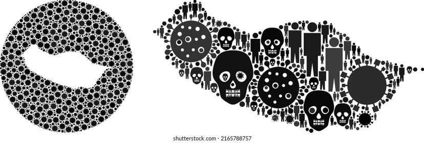 Collage Madeira map constructed from flu virus elements and population and skull items. Flu virus Madeira map collage designed with circle and carved shape. Mosaics designed for isolation projects.