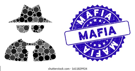 Collage mafia boss icon and grunge stamp seal with Mafia text. Mosaic vector is created with mafia boss icon and with scattered round elements. Mafia stamp seal uses blue color, and distress design.