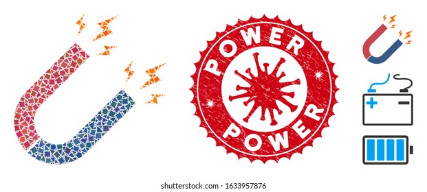 Collage magnet power icon and red rounded rubber stamp seal with Power phrase and coronavirus symbol. Mosaic vector is created with magnet power icon and with randomized ragged pieces.