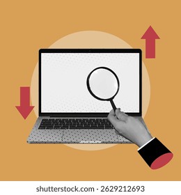 Collage Magnifying Glass Over Laptop. Digital Analysis and Data Insight Concept.
