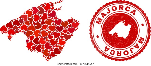 Collage Majorca map formed from red love hearts, and rubber stamp. Vector lovely round red rubber seal stamp imitation with Majorca map inside.