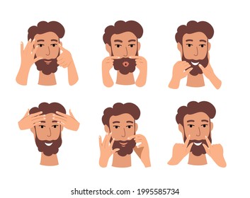 Collage of Male Face Massage.Yoga,Gymnastics,rejuvenating Face Muscle exercises.Beauty Procedure.Acupuncture anti-aging self care method.Man makes Face Yoga with his own hands.Vector Flat Illustration