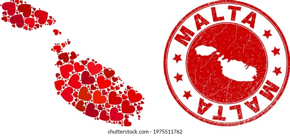 Collage Malta map formed with red love hearts, and rubber seal stamp. Vector lovely round red rubber seal imitation with Malta map inside. Geographic abstraction of Malta map with red wedding symbols.