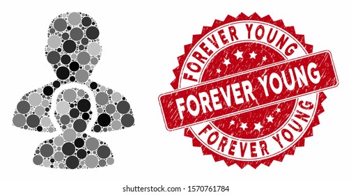 Collage man child and corroded stamp seal with Forever Young phrase. Mosaic vector is created with man child icon and with random spheric spots. Forever Young stamp seal uses red color,