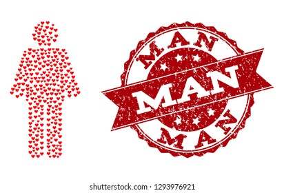 Collage man created with red valentine hearts, and isolated grunge stamp. Composition for Valentines Day. Man concept constructed with small random amour heart symbols.