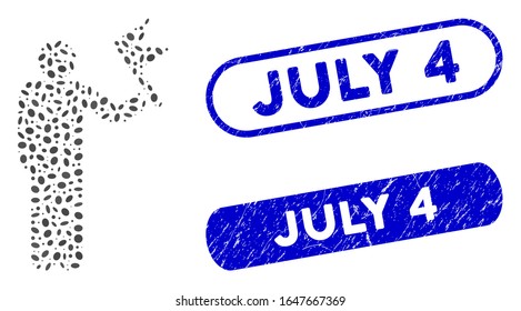Collage man with flag and corroded stamp seals with July 4 caption. Mosaic vector man with flag is formed with random oval parts. July 4 stamp seals use blue color, and have round rectangle shape.