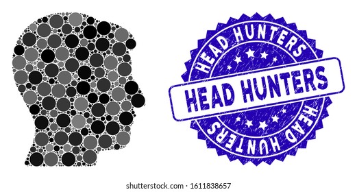 Collage man head icon and distressed stamp watermark with Head Hunters phrase. Mosaic vector is designed with man head icon and with random spheric elements. Head Hunters stamp uses blue color,