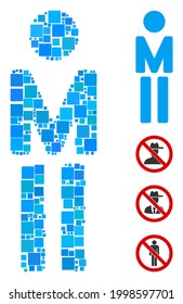 Collage Man icon composed of square elements in different sizes and color hues. Vector square elements are grouped into abstract collage man icon. Bonus icons are added.