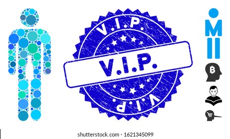 Collage man icon and rubber stamp seal with V.I.P. caption. Mosaic vector is composed with man icon and with randomized round items. V.I.P. stamp seal uses blue color, and rubber design.