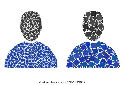 Collage Man icons composed of round and square items in different sizes, positions and proportions. Vector round and square dots are united into abstract collage man icons.