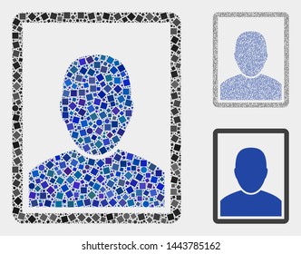 Collage Man portrait icon composed of round and square items in different sizes, positions and proportions. Vector round and square elements are composed into abstract mosaic man portrait icons.