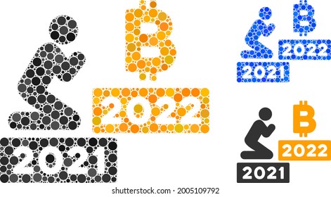 Collage man pray bitcoin 2022 icon composed of round items in various sizes, positions and proportions. Blue and original versions of man pray bitcoin 2022 icon.