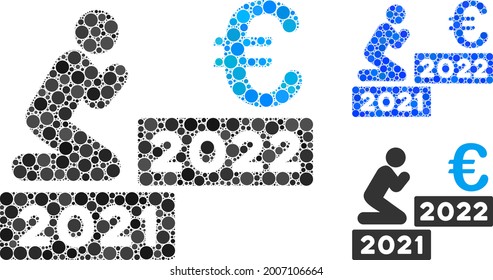 Collage man pray euro 2022 icon designed from spheric elements in various sizes, positions and proportions. Blue and original versions of man pray euro 2022 icon.