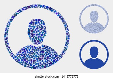 Collage Man rounded portrait icon united from round and square items in different sizes, positions and proportions.