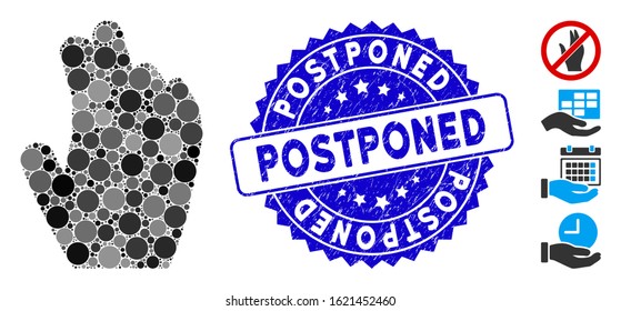 Collage manage hand icon and rubber stamp seal with Postponed phrase. Mosaic vector is composed with manage hand icon and with randomized round items. Postponed stamp seal uses blue color,