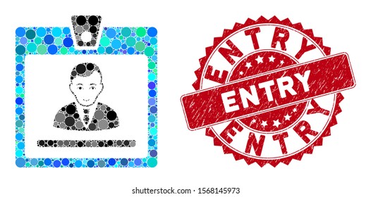 Collage manager badge and corroded stamp seal with Entry caption. Mosaic vector is created with manager badge icon and with randomized spheric elements. Entry stamp seal uses red color,