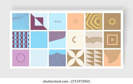 Un collage de muchos cuadrados. Varios patrones geométricos. Composición artística. Plantilla de diseño de la cubierta. Ilustración para folleto, póster, portada, tarjeta, presentación, volante o Anuncio.