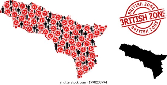 Collage map of Abkhazia constructed from virus outbreak elements and population icons. British Zone scratched watermark. Black people elements and red SARS virus icons.