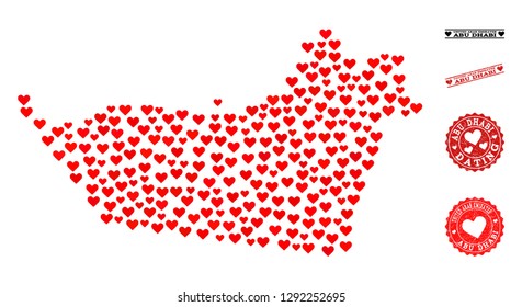 Collage map of Abu Dhabi Emirate formed with red love hearts, and grunge stamp seals for Valentines day. Vector lovely geographic abstraction of map of Abu Dhabi Emirate with red romantic symbols.