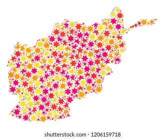 Collage map of Afghanistan formed with colored flat stars. Vector colored geographic abstraction of map of Afghanistan with red, yellow, orange stars. Festive design for Xmas illustrations.