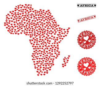 Collage map of Africa created with red love hearts, and rubber stamp seals for Valentines day. Vector lovely geographic abstraction of map of Africa with red romantic symbols.