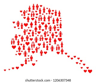 Collage map of Alaska State formed with red wedding persons. Vector lovely geographic abstraction of map of Alaska State with red romantic symbols. Romantic flat design for wedding illustrations.