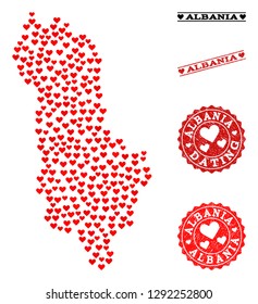 Collage map of Albania designed with red love hearts, and rubber watermarks for Valentines day. Vector lovely geographic abstraction of map of Albania with red dating symbols.