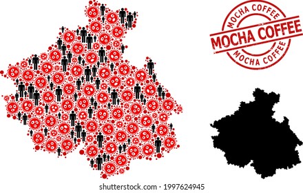 Collage map of Altai Republic designed from covid virus icons and men elements. Mocha Coffee distress watermark. Black man icons and red virus elements. Mocha Coffee caption inside round watermark.