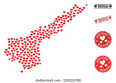 Collage map of Andhra Pradesh State created with red love hearts, and grunge stamp seals for dating. Vector lovely geographic abstraction of map of Andhra Pradesh State with red romantic symbols.