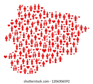 Collage map of Andorra composed with red lovely men and women. Vector lovely geographic abstraction of map of Andorra with red valentine symbols. Romantic flat design for marriage purposes.