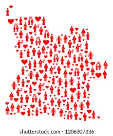 Collage map of Angola composed with red lovely wives and husbands. Vector lovely geographic abstraction of map of Angola with red romantic symbols. Romantic flat design for dating purposes.