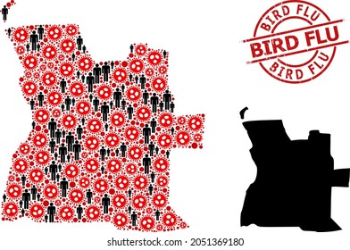 Collage map of Angola constructed from virus elements and demographics icons. Bird Flu scratched seal stamp. Black man icons and red covid-2019 icons. Bird Flu phrase inside round seal stamp.