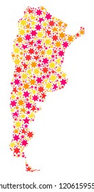 Collage map of Argentina created with colored flat stars. Vector colored geographic abstraction of map of Argentina with red, yellow, orange stars. Festive design for holiday illustrations.