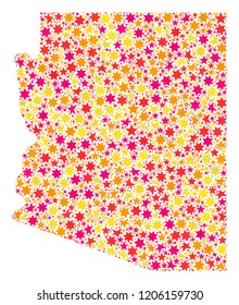 Collage map of Arizona State composed with colored flat stars. Vector colored geographic abstraction of map of Arizona State with red, yellow, orange stars. Festive design for Christmas illustrations.