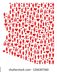 Collage map of Arizona State composed with red lovely men and women. Vector lovely geographic abstraction of map of Arizona State with red valentine symbols.