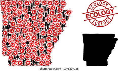 Collage map of Arkansas State composed of virus icons and people items. Ecology distress seal stamp. Black men items and red virus icons. Ecology text inside round seal stamp.