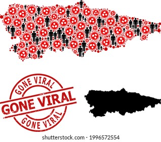 Collage map of Asturias Province organized from virus items and population elements. Gone Viral textured watermark. Black person elements and red covid virus items.