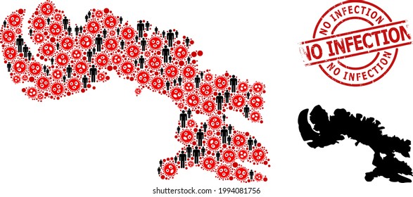 Mapa de grupos de la isla de Baffin organizado a partir de íconos de brotes de virus y elementos de población. No hay marca de agua gris de infección. Iconos de personas negras e íconos del virus de la gripe roja. Sin texto de infección dentro del sello de redondeo.